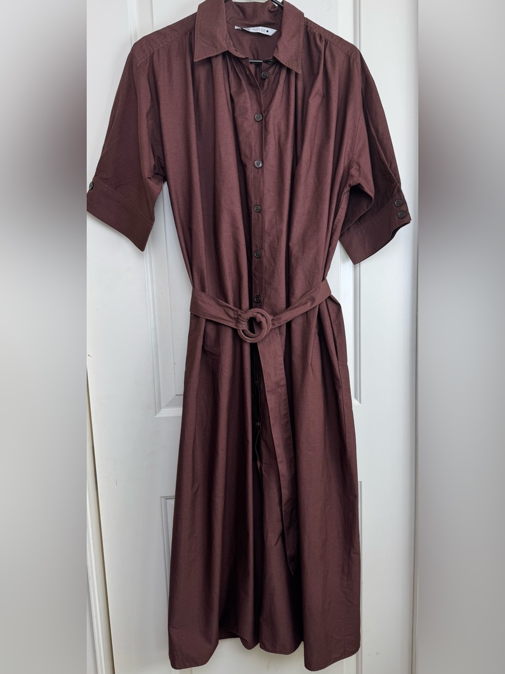 Zara Brown 100% Cotton Belted Oversized Midi Shirt Dress L Pockets